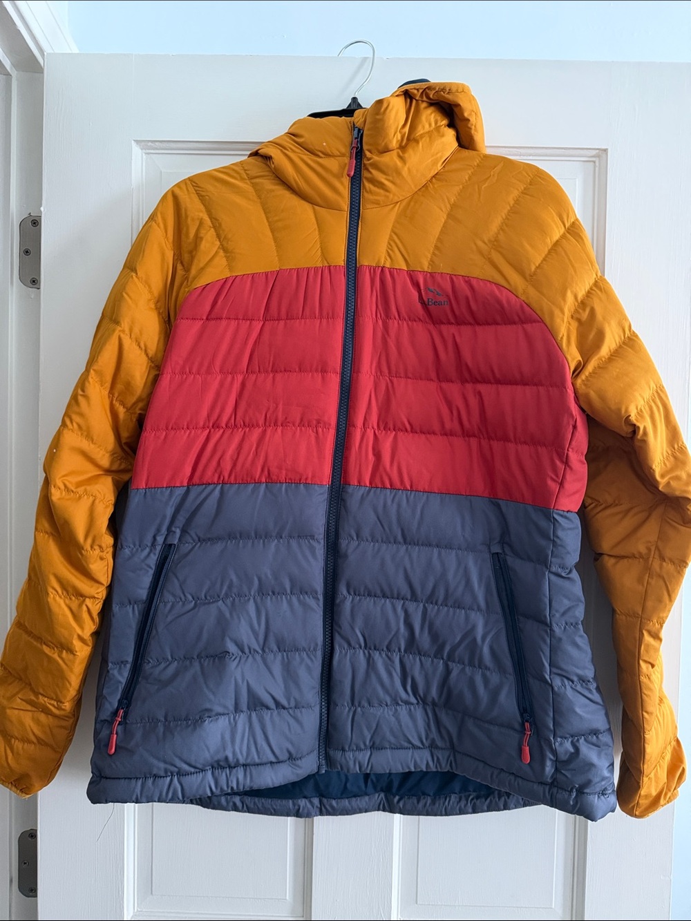 L.L. Bean Colorblock Hooded Puffer Jacket - Mustard, Red & Slate Blue